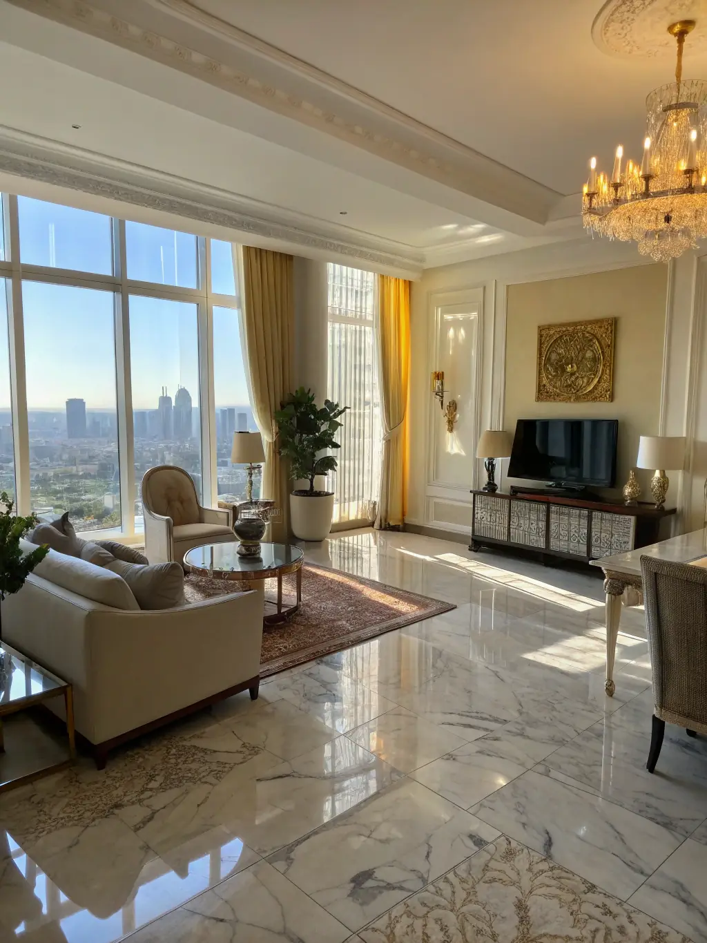 A high-definition photo showcasing a perfectly cleaned and staged luxury apartment in the Tangier Marina, ready for guests, representing the Complete Management service.