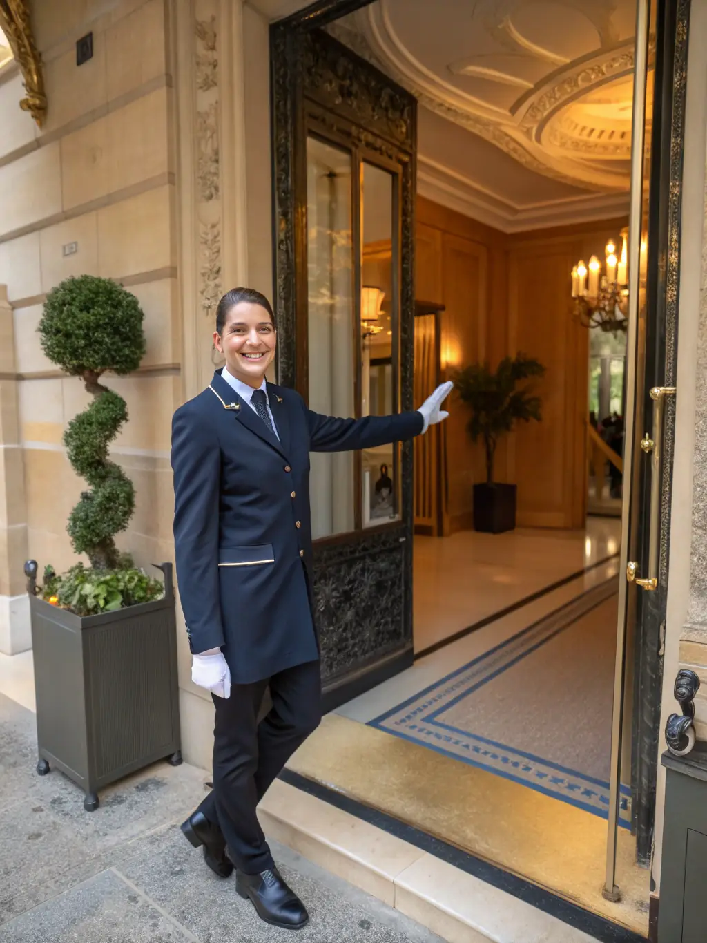 A professional photograph of a PERIS CARI staff member greeting guests at a luxury apartment in the Tangier Marina, highlighting the personalized service.