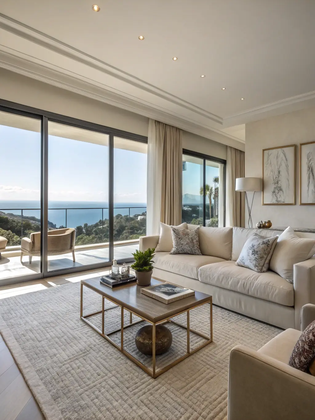 A high-definition, professional photograph showcasing a luxury apartment interior in the Tangier Marina, highlighting the meticulous cleaning and maintenance provided by PERIS CARI's concierge service.