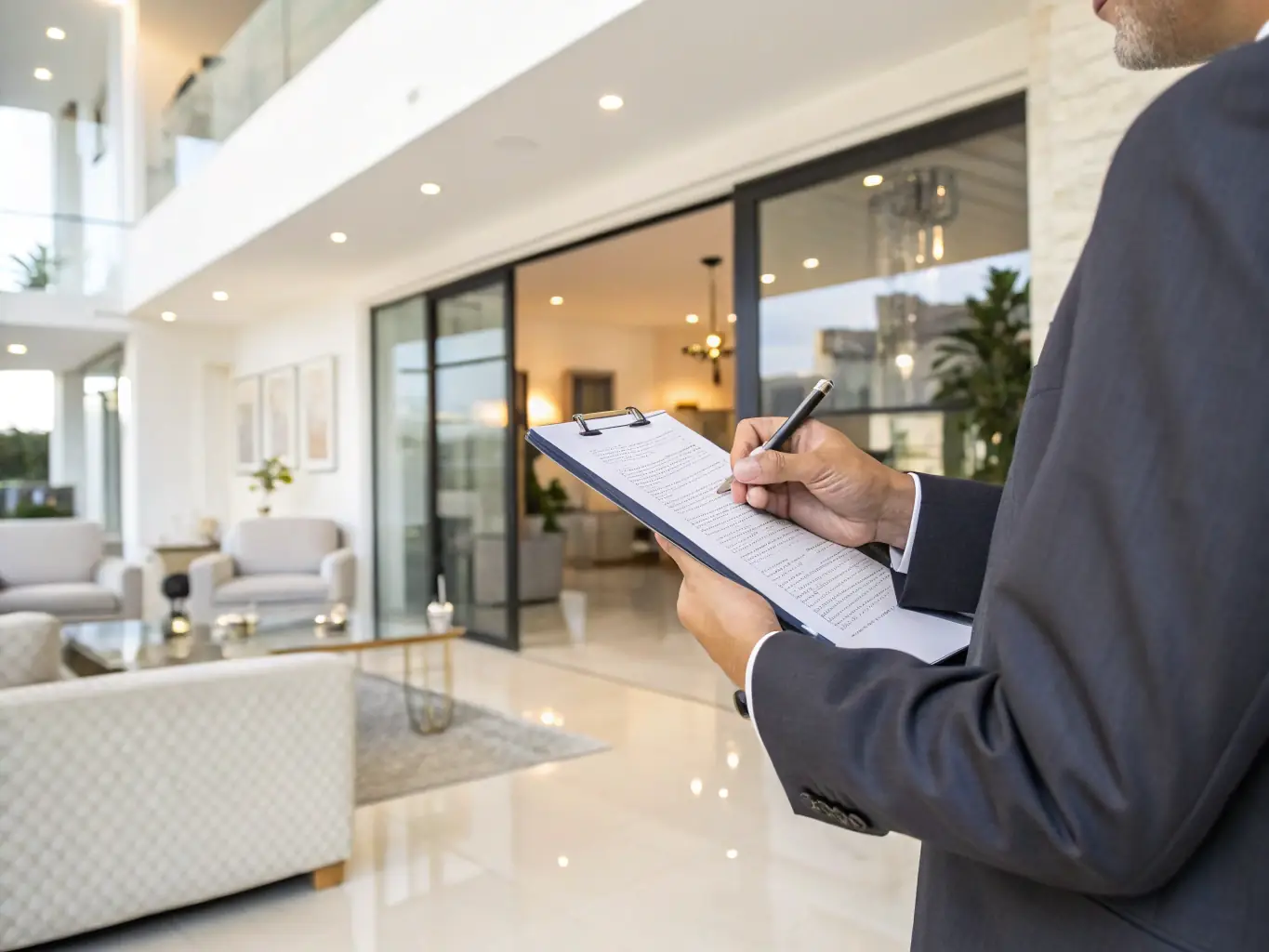 A professional property manager inspecting a luxury apartment, ensuring everything is in perfect condition.