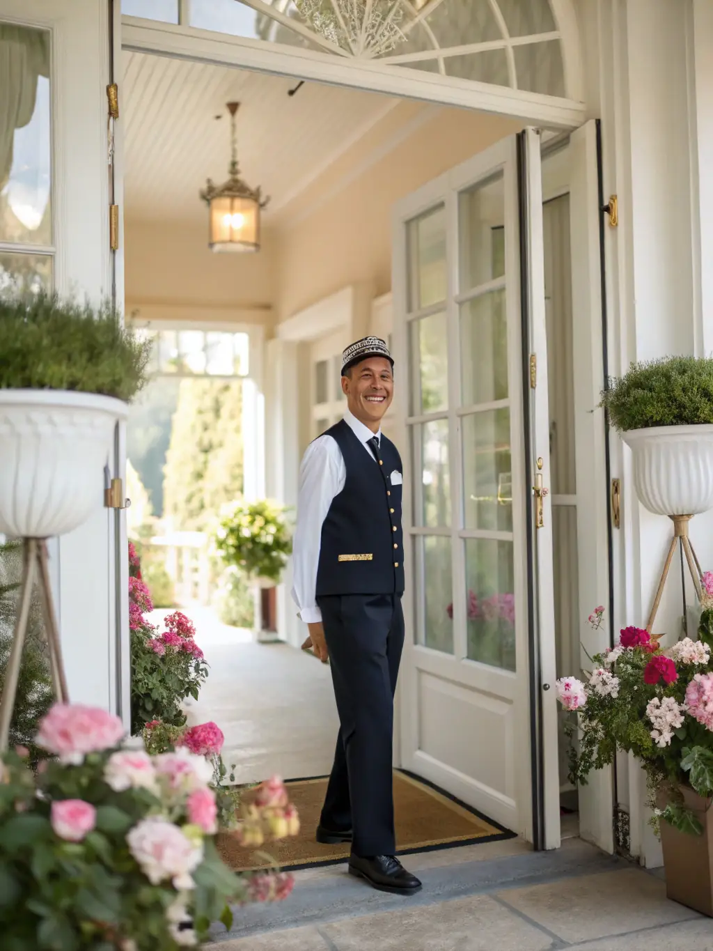 A visually appealing image of a PERIS CARI staff member warmly greeting guests at a luxury property in the Tangier Marina, emphasizing the personalized service.