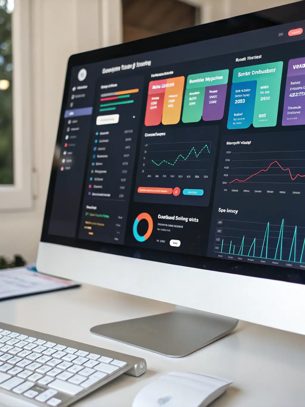 A digital illustration depicting a dashboard showing reservation management and revenue tracking for a property in Tangier Marina, representing the strategic aspect of Partial Management.